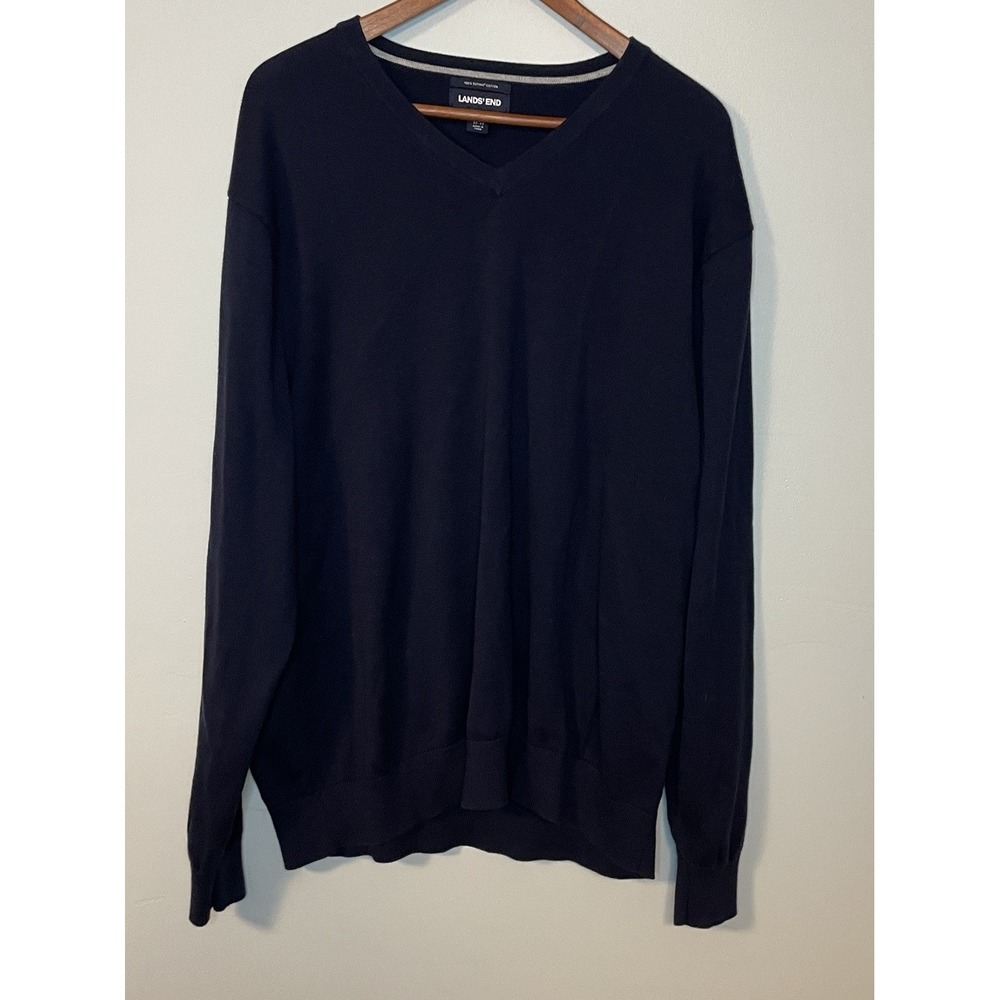 Lands End Mens XXL 2X V Neck Sweater Casual Navy Long Sleeve Supima Cotton